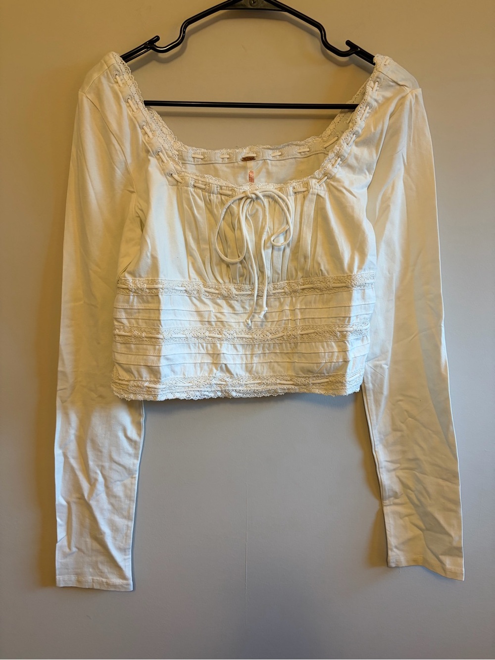 Free People Cream Lace-Trim Long Sleeve Peasant Top